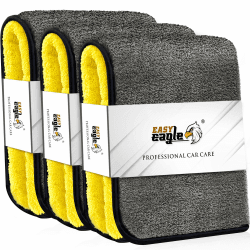 EASY EAGLE Poliertücher aus Mikrofaser, 1200 g/m², für Auto Motorrad und Poliermaschine für Autos, 38 x 44 cm, gelb und grau mit schwarzem Rand, 3 Stück