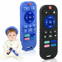Zahnen Beißringe Spielzeug für Babys 0-6-18 Monate Geschenke, Fernbedienung Baby Zahnungshilfe für 3 6 9 12 Monate Kleinkind Autismus, Lebensmittelqualität Silikon Badespielzeug, Schwarz&Blau