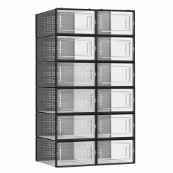 SONGMICS Schuhboxen, 12er Set, Schuh-Organizer aus Kunststoff, faltbar und stapelbar, für Schuhe bis Größe 44, transparent-tintenschwarz LSP006B12 12er Set für Schuhe bis Größe 44 Transparent + Tintenschwarz