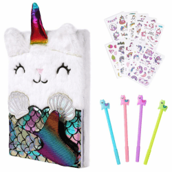 OFFCUP Notizbuch Plüsch Mädchen, Plüsch Notizbuch Meerjungfrau, Geheimes Tagebuch aus Plüsch, mit 10 Einhorn Tattoo-Stickern und 4 Gelstiften, Plüsch Notizbuch Set, Schreiben Zeichnung Notizblock