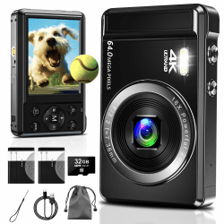 Digitalkamera 4K Fotokamera 64MP - mit 32 GB Speicherkarte Digital Camera16X Digitalzoom Einfache Tragbare Fotoapparat und wiederaufladbare 2 1200mAh Batterien für Kinder Teenager Senioren Anfänger Full-Size Dark_black
