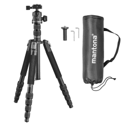 Mantona DSLM Travel Evolution 224 leichtes Allround Reisestativ mit Vollausstattung,360°Panorama Kugelkopf Arca-Swiss kompatibel, Aluminium, Fliplock Verschlüsse DSLM Travel Evo Max 255 173cm RingLock