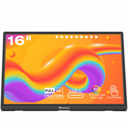 Akntzcs Tragbarer Monitor Touchscreen, 16 Zoll Portable Monitor FHD 1920 x 1200P Touchscreen Monitor HDMI USB-C Laptop Monitor IPS-Bildschirm, Externer Monitor für PC/Laptop/PS4/Xbox/Telefon
