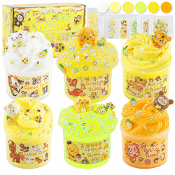 LAWOHO 6 Stück Farbverlauf Gelb Slime Set - Fluffy Cloud Wolkenschleim, Butter Schleim & Clear Slime, Kinder Crunchy Slime, Geburtstag Halloween Weihnachten Geschenk für Mädchen & Jungen (Wildtiere)