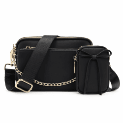UTO Umhängetasche Damen 3 in 1 Crossbody Bag Damen Breiter Gurt mit Münzbeutel Handtasche mit Abnehmbarem Kette Schultertasche mit Abnehmbarer Verstellbarer Schultergurt Kleine Tasche Leder Stylisch 1296 Schwarz