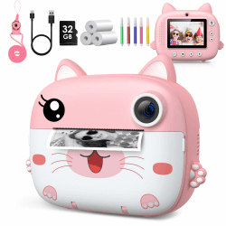GREENKINDER Sofortbildkamera Kinder, 2.4 Zoll Kinderkamera, Kamera Sofortbilder Schwarzweiß Fotokamera mit Druckpapier & 32GB Karte,Sofortbildkamera mit Farbigen Stiften Geschenk für Kinder 3-8 Jahre