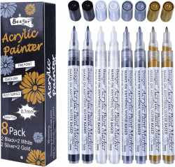 Schwarz Weiß Gold Silber Acrylstifte, 0,7mm Permanent Marker Stifte Wasserfest Acrylfarben Stifte Steine Bemalen Stifte für Steine Keramik Holz Metall Papier Glas Stoffe Kunststoff Leder DIY 8 Pack