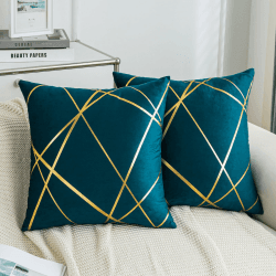 Kissenbezug 40 x 40 cm Türkis Sofakissen Herbst Kissenbezüg mit Gold Geometrie Linie Kissenhülle Modernes Dekokissen Samt Zierkissen 2er Set für Schlafzimmer Couch Sofa Bett Türkis 40 x 40 cm, 2 Stück