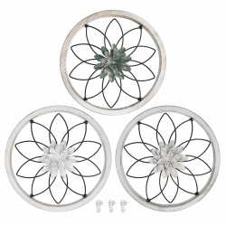 SWAWIS 3 Stück Rustikale Wanddeko Runde, Ø 30cm 3D Blumen Wanddekoration, Wanddekoration Metall mit Holzrahmen, Familie Wandkunst Rund für Wohnzimmer Korridor Schlafzimmer Esszimmer Büro (Dicke 2cm)