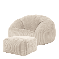 Icon Kingston Sitzsack mit Hocker Cord, Beige, Sitzsack Erwachsene mit Füllung, Bean Bag, Cord Sessel, Lounge Sessel, Lounge Stuhl, Schlafzimmer, Wohnzimmer, Wohnzimmer Möbel Beige Sitzsack + Hocker