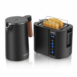 Arendo - Wasserkocher Toaster SET - Edelstahl - Wasserkocher mit Temrpatureinstellung - 45-100 Grad - Warmhaltefunktion - Toaster 2 Scheiben mit Touch Display - mit Brötchaufsatz - Schwarz Matt B: Set 1