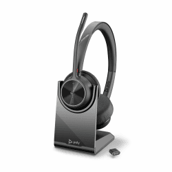 Schnurloses Poly Voyager 4320 UC-Headset und Ladestation – Stereo-Kopfhörer mit Noise Cancelling-Mikrofonarm, Verbindung mit PC/Mac/Mobiltelefon über Bluetooth, Kompatibel: Teams (zertifiziert), Zoom