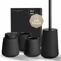 Black Sweden Home Badezimmer Set Schwarz - aus Keramik - Seifenspender, Zahnputzbecher, Toilettenbürste - schwarz matt - gummiert - Badezimmer Accessoires Deko Organizer - 4-teiliges Set