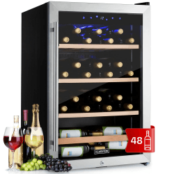 Klarstein Weinkühlschrank, Getränkekühlschrank Schmal, Kühlschrank mit Glastür, Getränkekühlschränke Freistehend, Weinkühlschrank Klein, Weinkühlschränke 1 Zone, UV-Schutz, 4-18 °C, 48 Flaschen