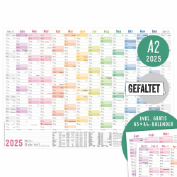 Häfft® Wandkalender 2025 A2 gefalzt (59,4 x 42 cm) "Rainbow" Wandplaner mit Ferien- und Feiertags-Übersicht, inkl. gratis A3 + A4 Kalender - nachhaltig & klimafreundlich