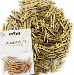 48x Mini Wäscheklammern aus echtem Holz | Größe: 25x10x4mm, mit Metallfeder, für Deko und zum Basteln | Miniklammern Holzklammern Klammer… (Gold)