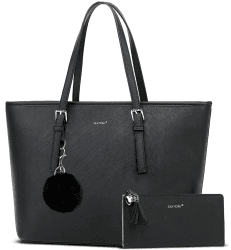 TAN.TOMI Handtasche Damen Set Tasche Mit Geldbörse für Büro Schule Einkauf Handtasche Damen Groß Mit Quasten Damen und Pelz Kugel Plüsch Schlüsselring Schwarz