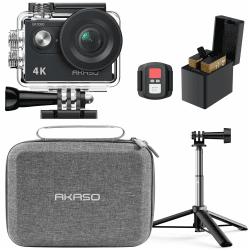 AKASO Action Cam mit 60cm Stativ Selfie Stick und Tasche, 4K30FPS 20MP WiFi Unterwasserkamera EIS Stabilisierung 170° Weitwinkel Ultra HD Action Kamera mit 4X Zoom und 2x1050mAh Akkus EK7000 mit 60cm Stativ und Tasche
