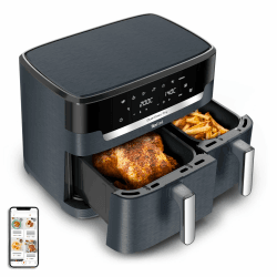 Tefal Dual Easy Fry XXL Doppelkammer-Heißluftfritteuse, 11 Liter Fassungsvermögen, 6,5 L Schublade + 4,5 L Schublade, 99% weniger Fett, 7 autom. Gareinstellungen, spülmaschinengeeignet, Grau, EY942BE0