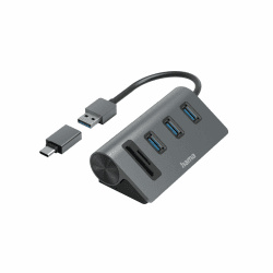 Hama USB-Hub und Kartenleser 5 Ports (3x USB-A, 1x SD, 1x microSD, mit USB-C-Adapter, bis 5 Gbit/s, Anschluss für Maus, Tastatur, Speicherkarte etc., USB-Adapter für Büro, Home Office) Aluminium