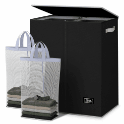 SOLEDI 145L Wäschekorb, Wäschesammler 2 fächer mit Deckel und 2 Wäschesack - Wäschesortierer Groß XXXL Für Badezimmer, Schlafzimmer, Wäschekammer, Kinderzimmer - 2 x 72.5L Schwarz 145 Liter Schwarz