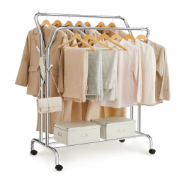 SONGMICS Kleiderständer auf Rollen, 2 Kleiderstangen, Garderobenstange, Garderobenständer aus Stahlrohren, bis 100 kg belastbar, 103,5 cm breit, multifunktionale Aufbewahrung, silbern HSR107E01 Silbern 2 Stangen