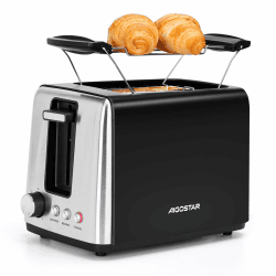 Aigostar Toaster 2 Scheiben mit Brötchenaufsatz, 7 Bräunungsstufen, extra breite Toastschlitze & Brotzentrierung, Abbruch-, Auftau- & Aufwärmfunktionen, Krümelschublade, 750W, matt schwarz & Edelstahl