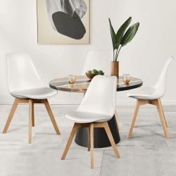 NEWBULIG Esszimmerstühle Satz von 4 Mid-Century Modern Dinning Stühle, Wohnzimmer Schlafzimmer Outdoor Lounge Stuhl PU Leder Kissen und Holzbeine, Weiß