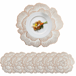 Mausouca Vinyl-Tischsets, 6er-Set, metallisch, waschbar, hitzebeständig, Vinyl-Tischdekoration, für Küche, Esszimmer, Hochzeit, Weihnachten, Party, Dekoration (rosa Heißprägung, Blumenform, 38 cm)