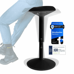 Backerz Ergonomischer Hocker - Bürohocker mit 55-80 cm Höhenverstellung - Sitz- und Stehhocker - wackelhocker - Arbeitshocker für Zuhause und im Büro - Bezogen mit wasserabweisendem Stoff, Mattschwarz