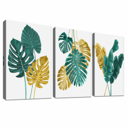3 Panels Mit Rahmen Grüne Goldene Blätter Leinwand Bilder Tropische Monstera Palmblätter Bild auf Leinwand Malerei Wandbilder Schlafzimmer Wohnzimmer Badezimmer Wanddekoration 90x40cm (12"x16"x3pcs） Grüne und goldene Blätter 30x40cmx3