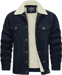 TACVASEN Herren Gefütterte Cordjacke Warme Übergangsjacke Winter Cargo Jacke mit Teddyfell-Kragen L Navy