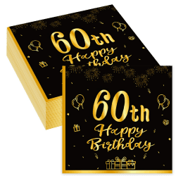Servietten 60 Geburtstag, 80Stück Schwarze Gold 60. Happy Birthday Servietten, Einweg Papierserviette Tischdeko, 60er Geburtstag Männer Frauen Geburtstags Party Deko