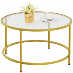 Yaheetech Couchtisch Runder Kaffeetisch mit verstellbaren Schutzfüßen Beistelltisch Wohnzimmertisch aus Hartglas und Metallgestell Moderner Glastisch fürs Wohnzimmer/Balkon, 80 × 80 × 45 cm Senfgelb