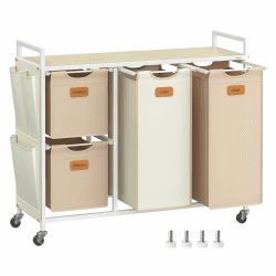VASAGLE Wäschekorb 4 Fächer, Wäschesammler 150 L, Wäschesortierer, Rollen, Wäschewagen mit Ablage, Wäschesack, kleine seitliche Taschen, 6 Etiketten, naturbeige-kamelbraun-cremeweiß BLH203N01