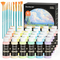 Shuttle Art Acrylfarben Set Pastell, 30 Acrylfarben Pastell in Flaschen, je 60ml, 10 Pinsel, Pastell Acrylfarben Set Kinder, Ölfarben Set fürs Malen und Basteln auf Leinwand, Stein, Keramik, Holz
