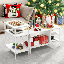 YITAHOME 2PCS Verstellbarer Couchtisch, Moderne Industrielle Couchtische für das Wohnzimmer mit Abnehmbarem Beistelltisch, Schublade, Offenen Regalen, Metallrahmen und Holztischplatte, Weiß