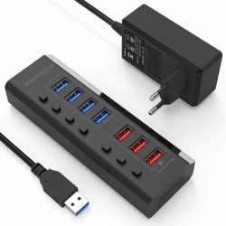 RSHTECH USB Hub Aktiv 3.0 mit 36W (12V / 3A) Netzteil 7-Port USB 3.0 Hub mit Schnellladung(4 USB 3.0 Datenübertragungsanschluss, 3 Schnellladeanschluss) mit Einzelner Schalter, LED, Schwarz (RSH-A37B)