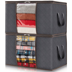 Lifewit 2 Stück Aufbewahrungstasche, Aufbewahrungsbox mit Deckel, Kleiderschrank Organizer Faltbare Kleideraufbewahrung Umzugskartons mit Verstärkt Griff für Bettdecken Kleidung Decke, Grau
