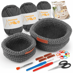 Aeeque 2pcs Körbe Häkeln Set, Quadratischer Häkelkörbe Häkel Set mit Deutsch Anleitung für Erwachsene, Häkeln für Körbe DIY, Textilgarn zum Häkeln Tasche, Komplett Häckel Kit mit Zubehör, Grau