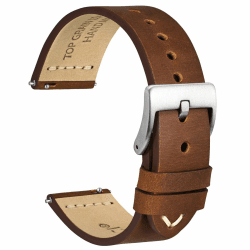 WOCCI Antikes Uhrenarmband, Top Genarbtes Leder, Französischer Wachsfaden, Schnellverschluss, Edelstahlschnalle, Ersatzarmbänder für Herren, Bandbreite 17mm 18mm 19mm 20mm 21mm 22mm 24mm Karamellbraun (Silberne Schnalle) 20mm