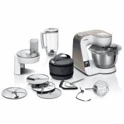 Bosch Küchenmaschine Serie 4 MUM5XW20, Edelstahl-Schüssel 3,9 L, integrierte Waage, Mixer 1,25 L, Profi-Knethaken, Schnee-, Silikonbesen, Durchlaufschnitzler, 4 Scheiben, 1000 W, Weiß/Silber