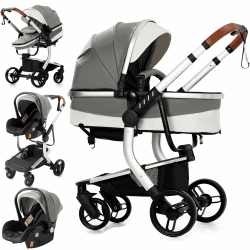 Reenborn PU-Leder Kinderwagen 3 in 1, Buggy mit Zwei Umkehrbaren Schiebemodi, Kinderwagen mit Rahmen Aluminiumlegierung, Kinderwagen 3 in 1 Komplettset Ein-Klick-Faltdesign Hohe Landschaft (518 Grey) 3 in 1 518 Grey 3 in 1-518 Model