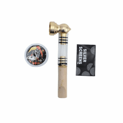 Pur-Pfeifen Set mit Holz Mundstück | +5 Edelstahlsiebe +1 Mini Crusher | Metallpfeife | Abschraubbares Mundstück | Leichte Reinigung | Smoking Pipe Pfeife Glas-Optik | Tabak (Gold)
