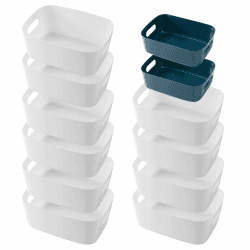 12 Stück Aufbewahrungsbox,Kunststoff Aufbewahrungskorb mit Griffen,Multifunctional Ordnungsboxen für Küche,Büro,Schrank,Bad,Spielzeug (weiß und blau)