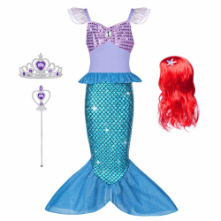 AOOWU Meerjungfrau Kostüm Mädchen, 4-Teiliges Set Meerjungfrau Kleid Mädchen mit Perücke, Lila Krone und Zepter, Kostüm Kinder für Karneval Party Halloween Weihnachten Cosplay (120Cm)