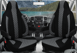 Maß Sitzbezüge Schonbezüge Pilotsitze Fahrer & Beifahrer Set kompatibel mit Wohnmobil FIAT Ducato, Pössl, Knaus, Adria, Carthago, Pilote Laika WPL401 Schwarz/Grau