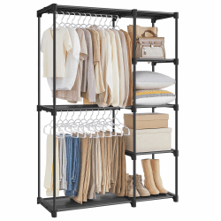 SONGMICS, offener Kleiderschrank, selbsttragend, vertikales Regal, Garderobenständer mit Hängestangen, für Ankleidezimmer, Schlafzimmer, 43 x 112 x 165 cm, schwarz, RYG24BK