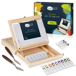 Artina 19tlg Acryl Malset mit Kofferstaffelei Milano – Künstler Set Malkoffer 12x 12ml Acryl Farben Set, Pinsel & Keilrahmen Leinwand Set – Künstlerkoffer Tischstaffelei Einsteiger Hobbymaler Mal Set