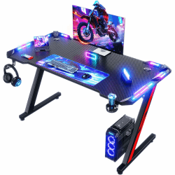 Devoko Gaming Tisch mit LED 120x60 cm, Gaming Schreibtisch Z-Frame, Ergonomischer Gamer PC Tisch mit Getränkehalter, Kopfhörerhaken, Stabiler Computertisch, Schwarz